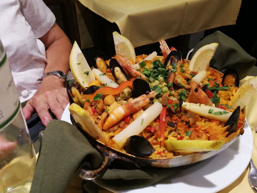 Seafood paella at a port market in Montevideo