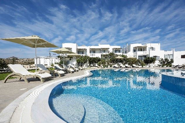 And outside view of the pool side at the Santa Maria Village, Milos, Greece