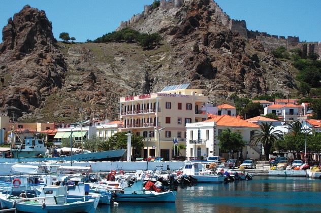 The Lemnos Hotel is below the castle (yellow building)