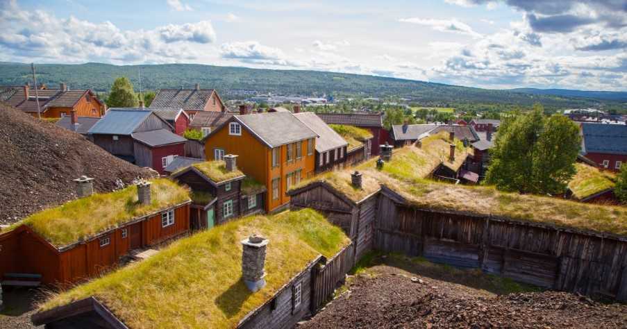Traditional houses of copper mines town of Roros, Norway