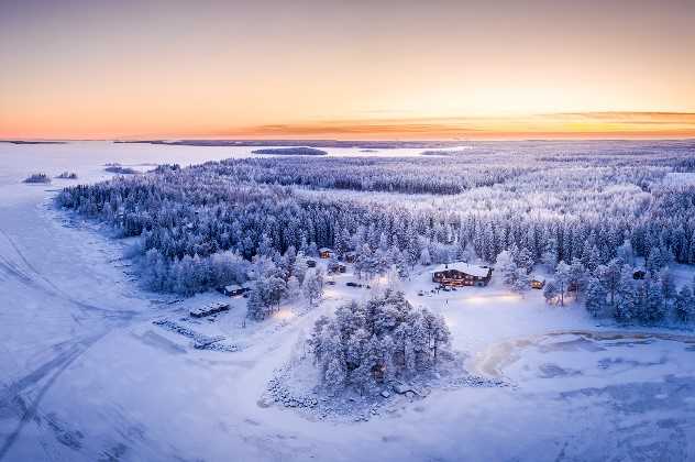 Aerial view of Brandon Lodge during the winter, Brandon Lodge, Swedish Lapland