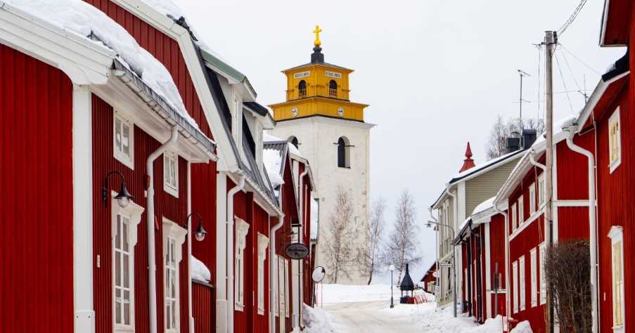 Gammelstad village covered in snow during winter in Sweden
