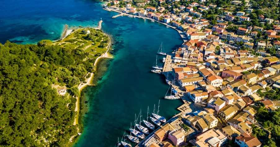 Gaios, capital city of Paxos Island, aerial view. Greece