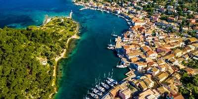 Gaios, capital city of Paxos Island, aerial view. Greece