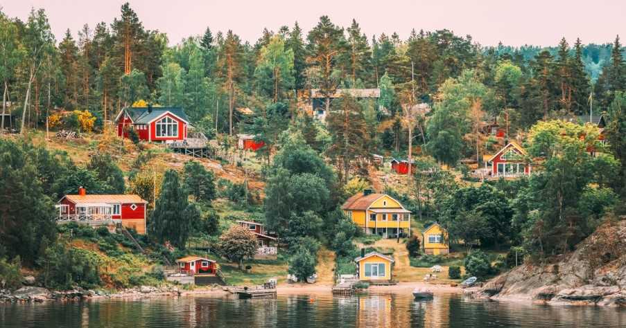 Beautiful Red And Yellow Swedish Wooden Log Cabins Houses