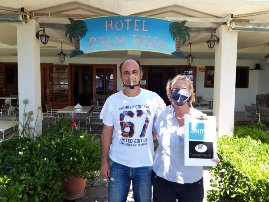 Julie, our Lefkas representative, at the Palm Trees Hotel, Lefkas