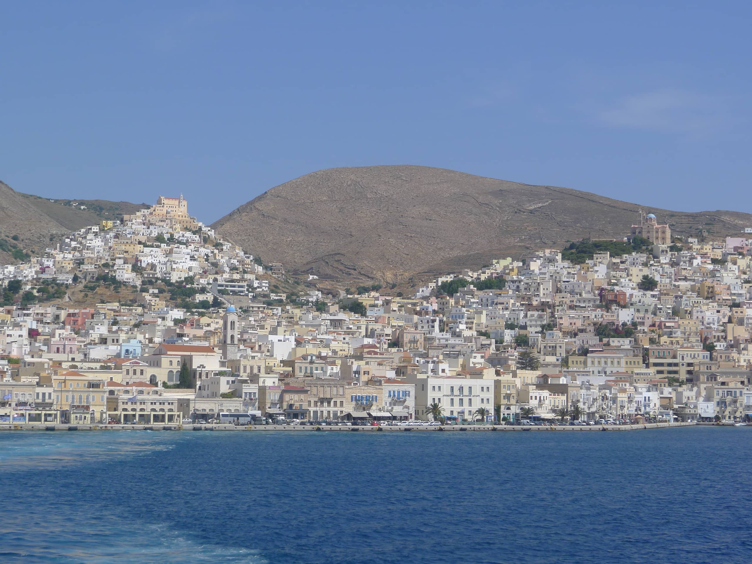 View towards Ann Syros with St George&rsquo;s Catholic Cathedral atop, Hermoupolis, Syros, The Cyclades Islands, Greece